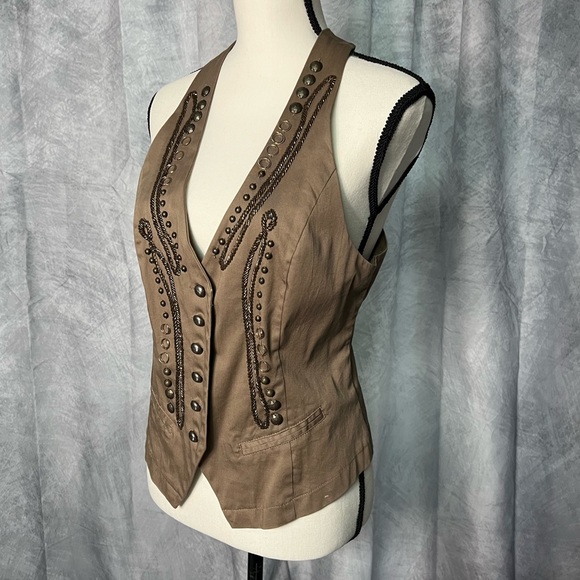 LUCY PARIS Brown Steam Punk Victorian Style Vest with Brass Look Buttons & Beads - Picture 3 of 14